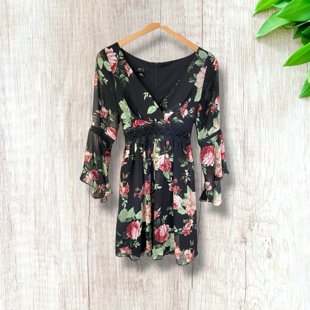 Y2K BCX Babydoll Sheer Bell Sleeve Floral Mini Dress Black Multi 3 Whimsigoth